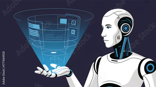 White robot with blue eyes holding holographic A I interface