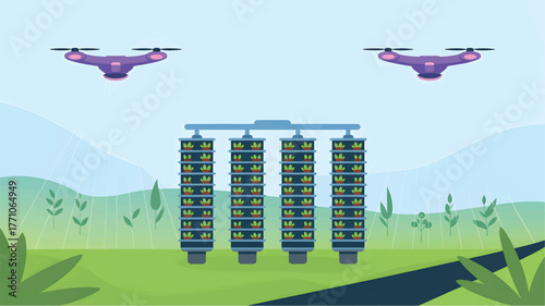 Two purple drones hover over vertical farm with green plants