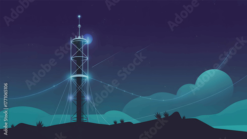 Tall radio tower at night with starry sky and shooting stars
