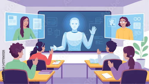 Students watch robot teacher on large screen in classroom