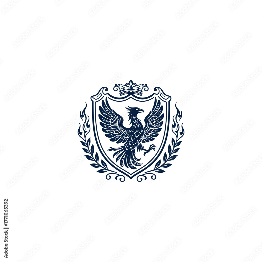Fototapeta premium Majestic Eagle or Phoenix bird with spread wings, centered on an ornate heraldic shield, topped with a crown and surrounded by laurel wreaths