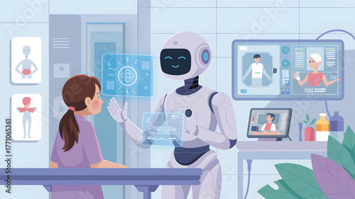 Robot and girl interact with holographic medical data