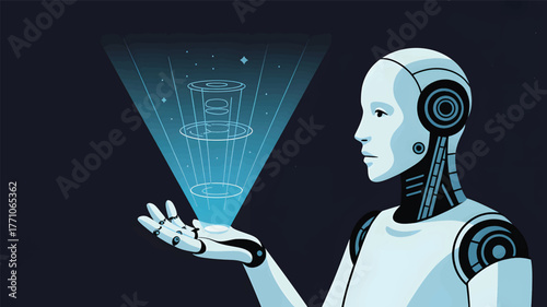 Robot hand projecting blue holographic data cylinder