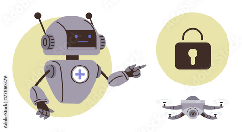 Robot gesturing towards locked padlock icon, emphasizing cybersecurity, innovation, AI, and quadcopters. Ideal for technology, AI, cybersecurity, Quadcopter tech robotics automation IT security