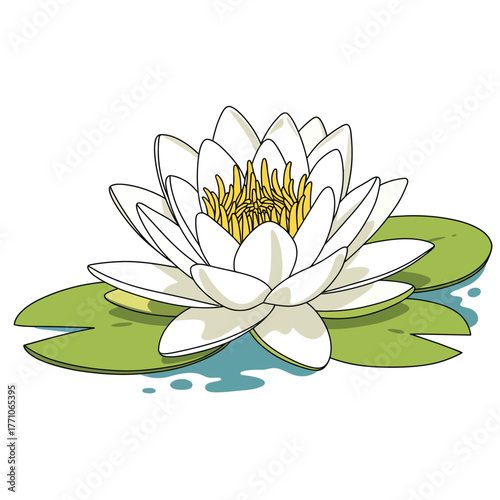 Elegant vector illustration of a blooming white water lily on green pads. This flat, soft outline drawing shows a beautiful lotus flower