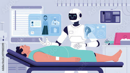 Robot with holographic displays assists patient on medical table