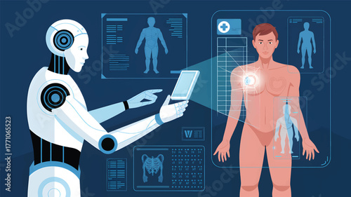 Robot analyzing human body scan medical data displays