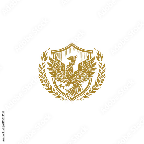 Majestic Eagle or Phoenix bird with spread wings, centered on an ornate heraldic shield, topped with a crown and surrounded by laurel wreaths
