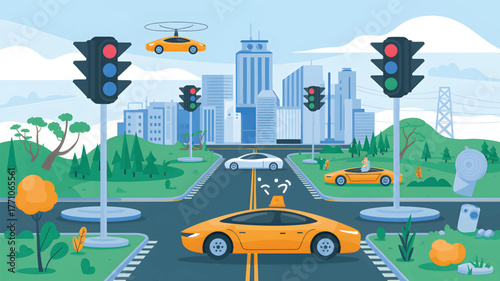 Orange taxi and flying car in city traffic with traffic lights