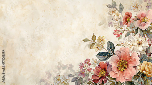 Watercolor floral border with blooming roses and wildflowers on beige textured background for elegant wedding or greeting card design