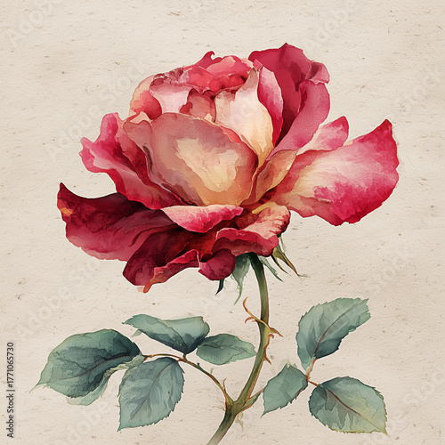 Watercolor illustration of blooming red and pink rose with green leaves on vintage beige paper background for floral romantic design theme