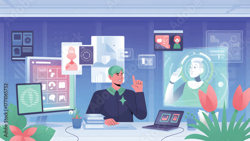 Man interacts with holographic robot and data displays