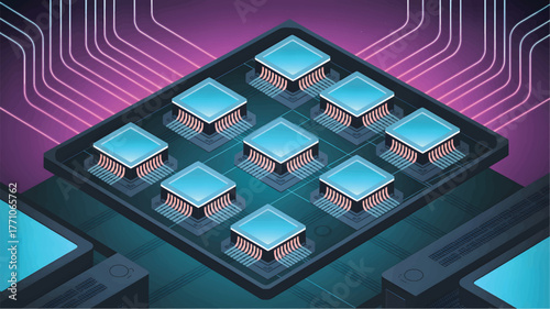 Isometric circuit board with glowing blue processors and neon lines
