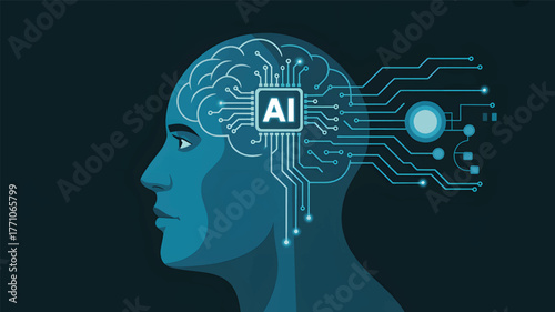 Human head profile with A I circuit brain and data connections