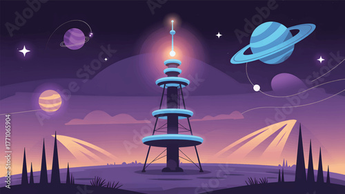 Futuristic tower on alien planet with ringed planets and stars