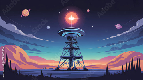 Futuristic tower on alien planet with ringed planets and star