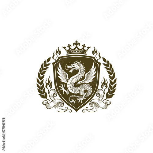 Fierce mythical dragon with large wings and tail coiled, centered on a vintage heraldic shield, framed by laurel wreaths and stylized fire elements