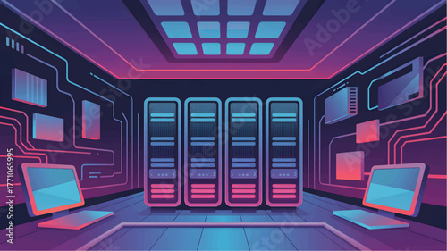 Futuristic server room with glowing purple and blue lights