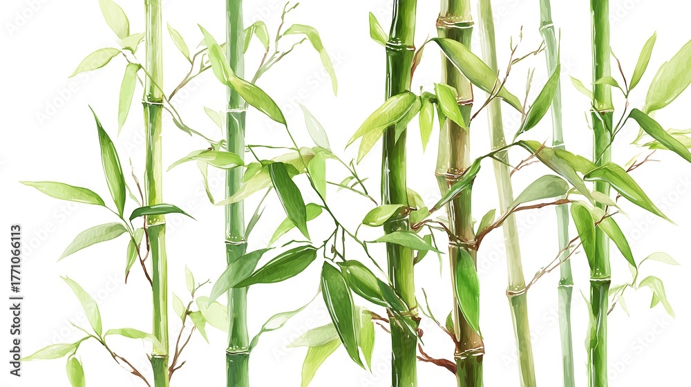 Naklejka premium Green bamboo stalks with leaves