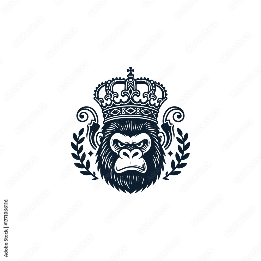 Fototapeta premium Fierce gorilla head wearing an elaborate royal crown, framed by decorative flourishes and laurel wreaths vector illustration