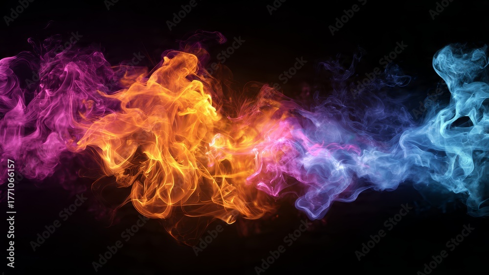 Fototapeta premium Wisps of purple orange and blue smoke swirl against a dark background vapor