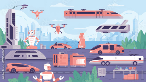 Futuristic city with robots drones and vehicles in coral and grey