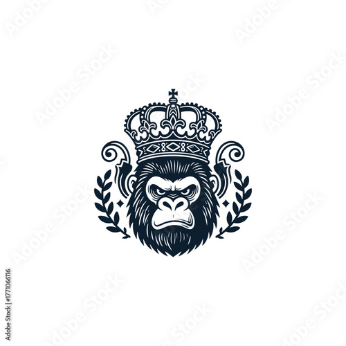 Fierce gorilla head wearing an elaborate royal crown, framed by decorative flourishes and laurel wreaths vector illustration