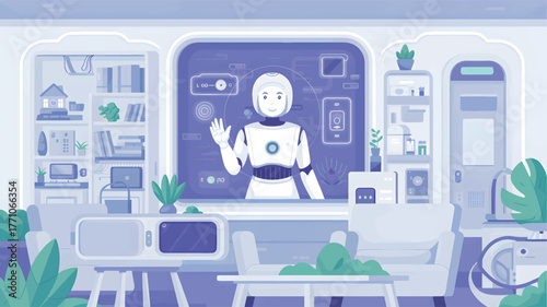 Friendly robot waving from a futuristic living room
