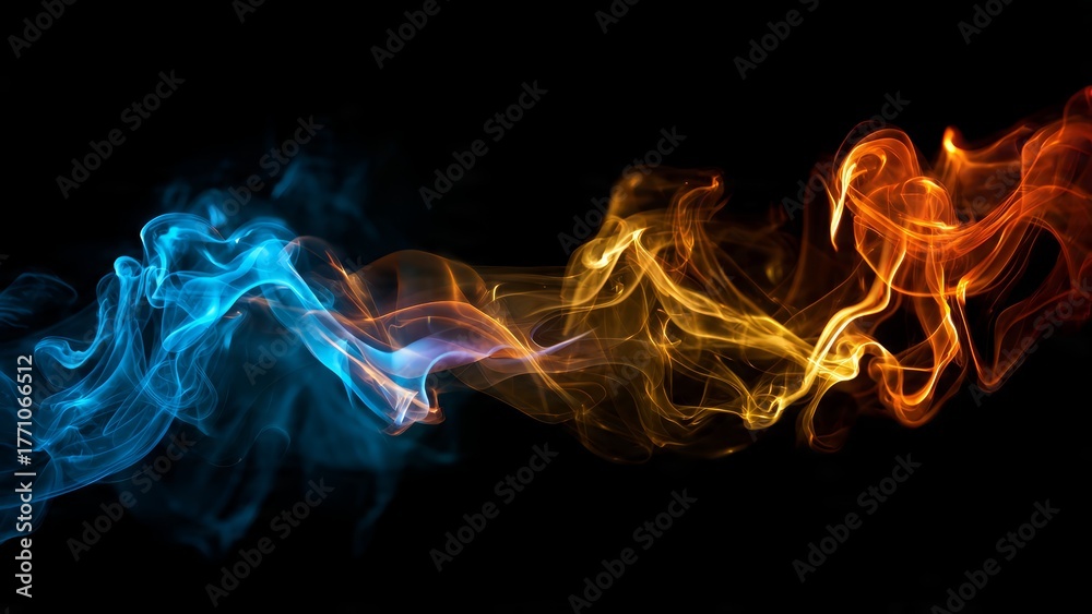 Fototapeta premium Swirling abstract blue and orange smoke plumes against a stark black background