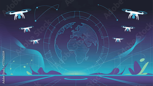 White drones fly around stylized blue globe with abstract futuristic landscape