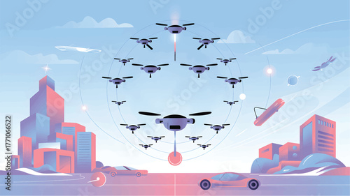 Drones and sleek cars in a stylized futuristic cityscape