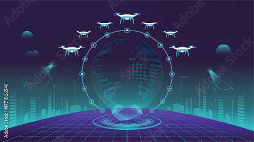 Drones circle digital globe over futuristic city grid