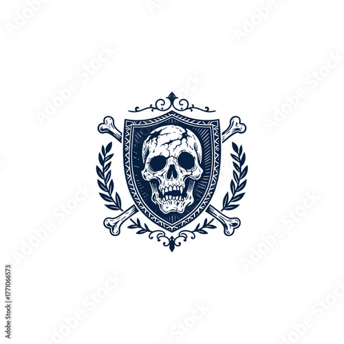Vintage-style emblem featuring a detailed human skull on a shield, crowned by a royal crown and flanked by crossed bones and laurel branches