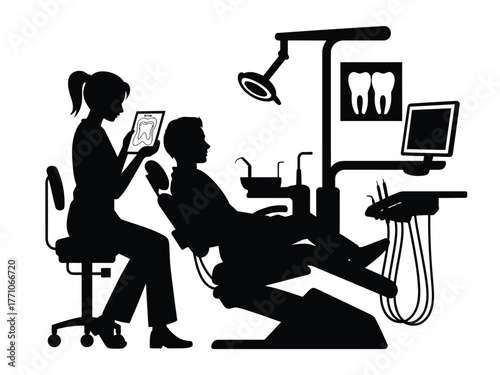 Dental hygienist shows patient tooth image on tablet dental chair