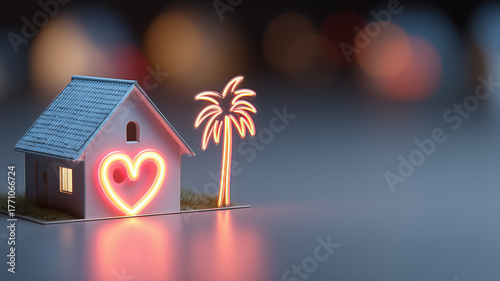 A miniature house with a glowing heart and palm tree represents hospitality vacation rental comfort and the idea of a beloved home away from home.
