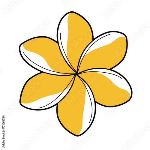A beautiful and simple vector illustration of a yellow frangipani flower. This clean, stylized tropical plumeria blossom is isolated on a white background