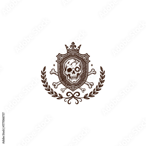 Vintage-style emblem featuring a detailed human skull on a shield, crowned by a royal crown and flanked by crossed bones and laurel branches