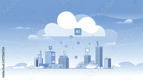 Blue A I cloud network connecting abstract city buildings