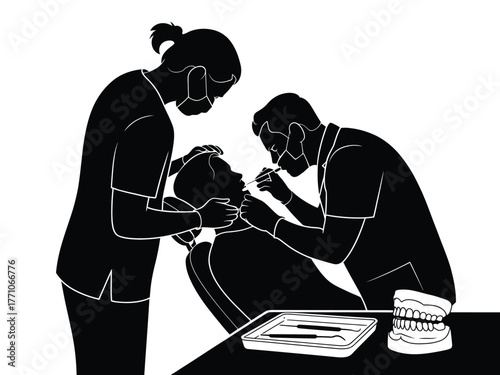 Dental professionals examine patient with tools and model dentist examination