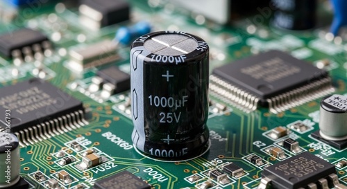 基板に取り付けられた電解コンデンサのクローズアップ写真