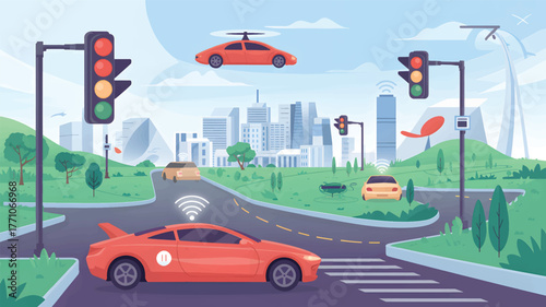 Orange autonomous cars and flying vehicle in city traffic
