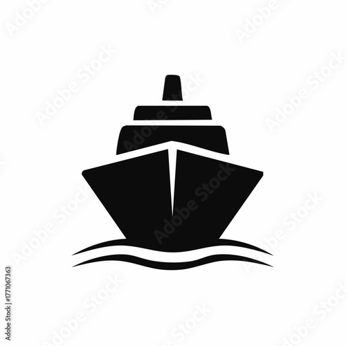 Stylized black vector silhouette of a ship with simple smooth hull curves, clean minimal form, white background, editable for modern logo design