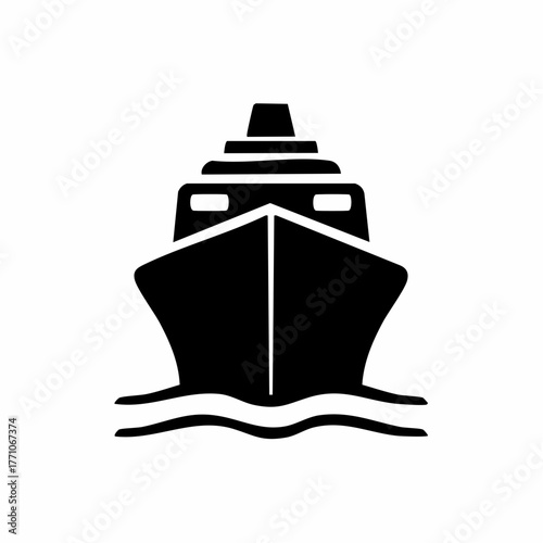 Stylized black vector silhouette of a ship with simple smooth hull curves, clean minimal form, white background, editable for modern logo design