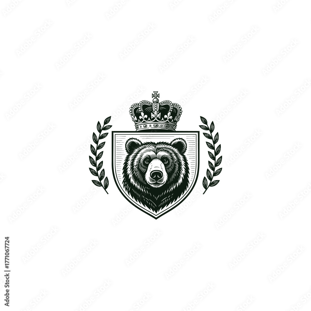 Obraz premium Regal bear head centered on a medieval-style shield, topped with an ornate royal crown and framed by laurel wreaths and a flowing banner vector illustrations