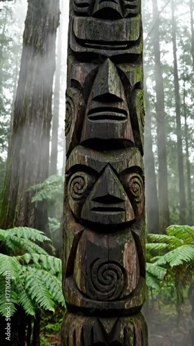 Intricately carved totem pole standing tall amidst lush forest scenery
