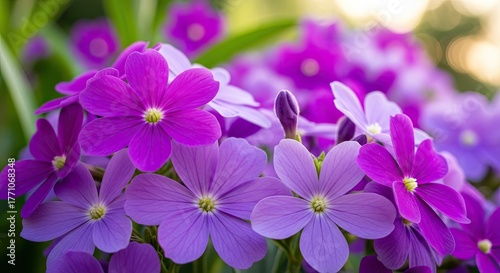 Vibrant Purple and Lavender Garden Flowers in Close-Up Macro View with Soft Green Bokeh Background