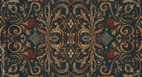 Ornate Seamless Floral and Scrollwork Pattern with Golden Motifs on Teal Background, Elegant Decorative Art Nouveau and Baroque Style Design