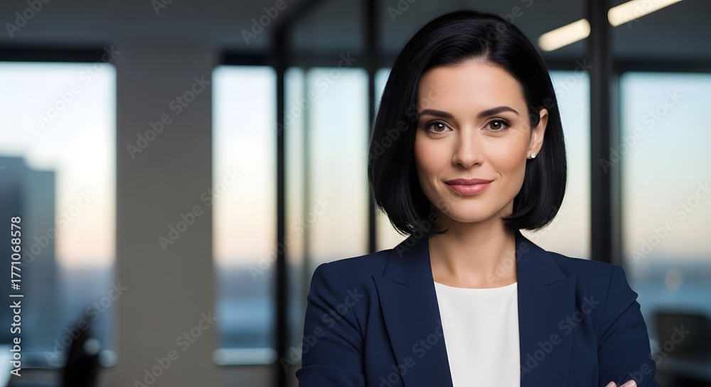 Fototapeta premium Professional woman in a navy blue blazer smiles confidently in an office setting.