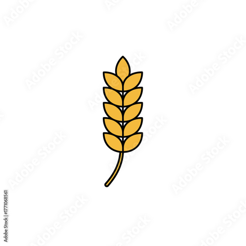 A stylized vector illustration of a single golden ear of wheat on a white background, symbolizing agriculture, harvest, and bread production