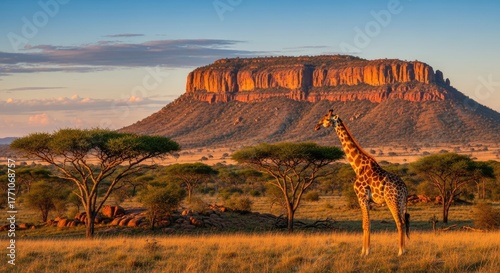 Majestic Giraffe in Golden African Savanna Landscape at Sunset, with a Towering Mesa and Acacia Trees Under a Vibrant Sky